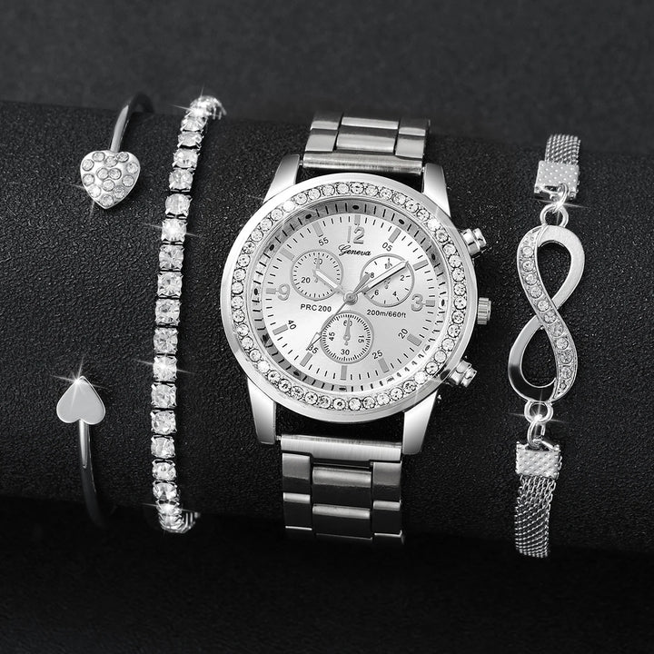 Silver Quartz Watch & Jewelry Set for Women