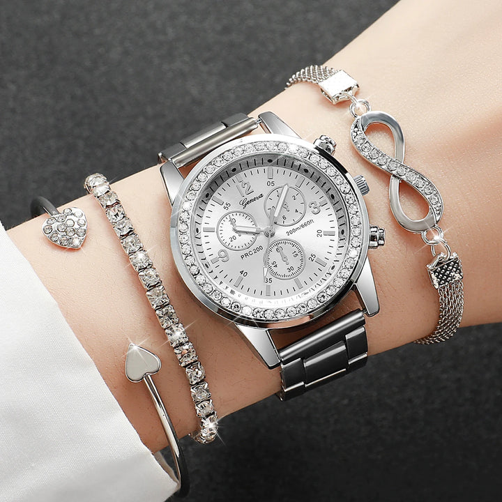 Silver Quartz Watch & Jewelry Set for Women